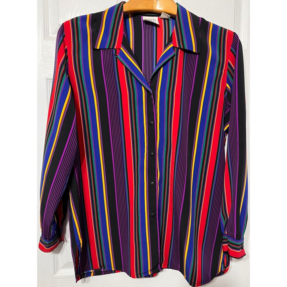 Allison Daley Vintage Multi Color Vertical Stripe Button Up Blouse Womens 16